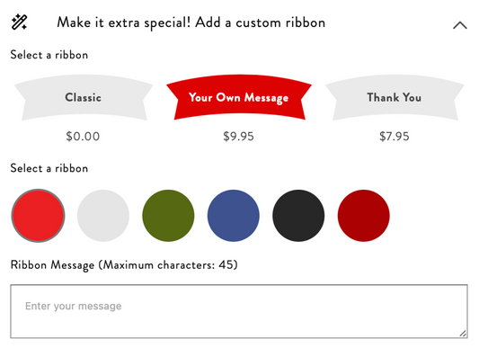 Screen shot from order process showing how to order a custom ribbon.