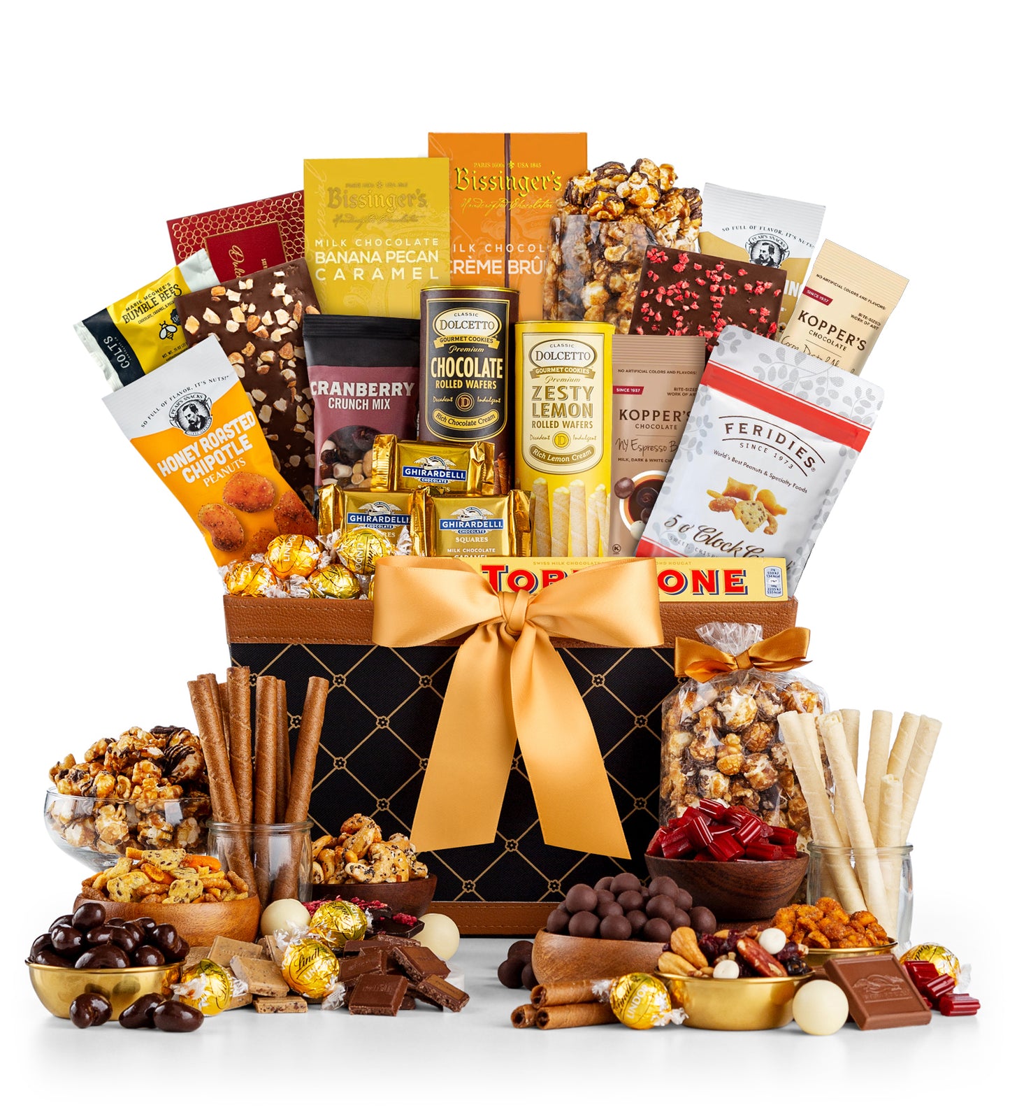 Gourmet gift basket with various snacks and treats on a white background