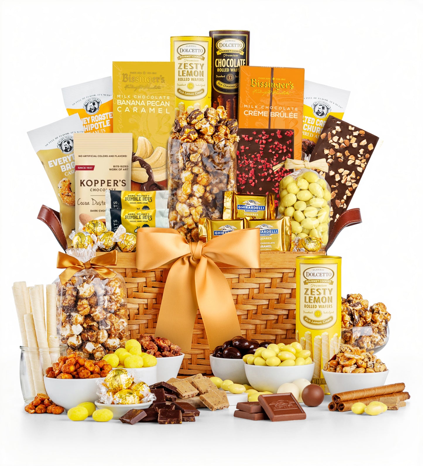 Gourmet supreme gift basket with snacks and chocolates on a white background