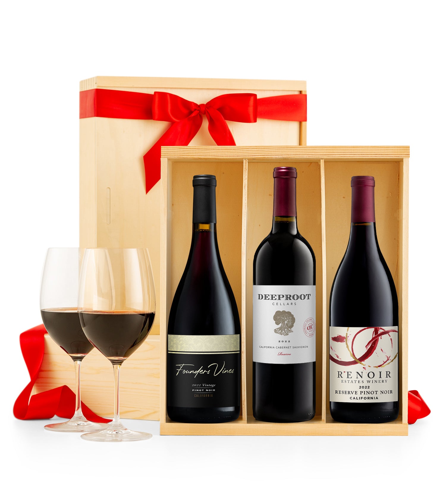 Three bottles of wine in a wooden gift box with red ribbons. Gift includes, Founder's VinePinot, Deep Root Cabernet and Renoir Estates Reserve Pinot Noir.