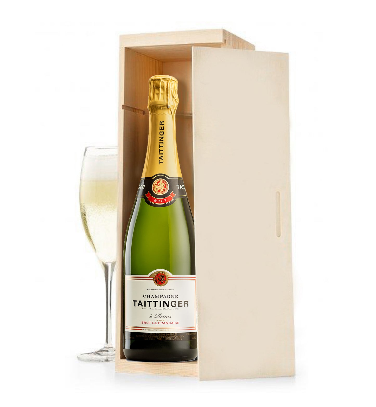 Taittinger Brut La Francaise Champagne Crate with Champagne Flute