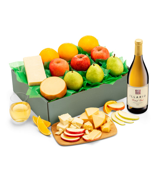 Gourmet Gift box with fruit, cheese and wine.