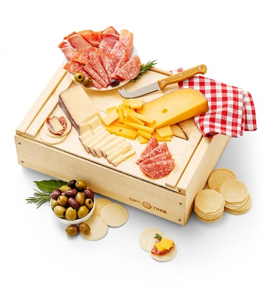 Meat & Cheese Wooden Gift Crate - Sympathy Gift Baskets