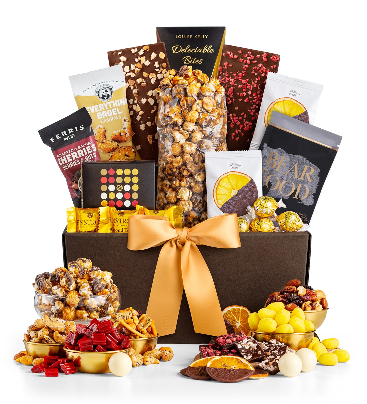 A gourmet gift basket containing an assortment of food items including packaged snacks, chocolates, nuts and more.