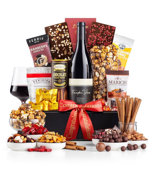 Congratulations Royal Treatment Wine Basket with Founder's Vine Pinot Noir
