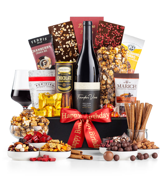 Happy Birthday Royal Treatment Wine Basket with Founder's Vine Pinot Noir