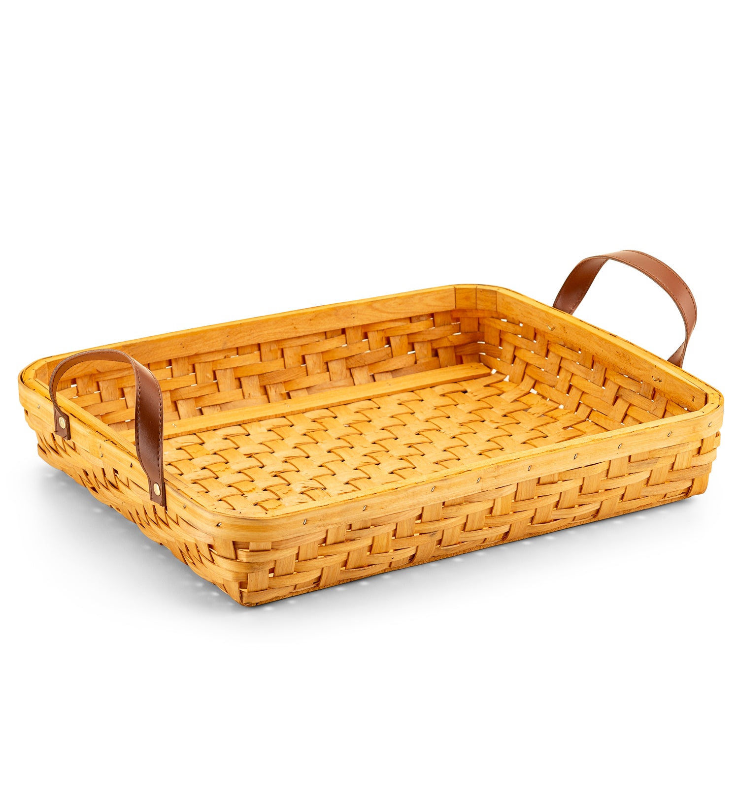 Keepsake woven rectangular tray with brown handles on a white background