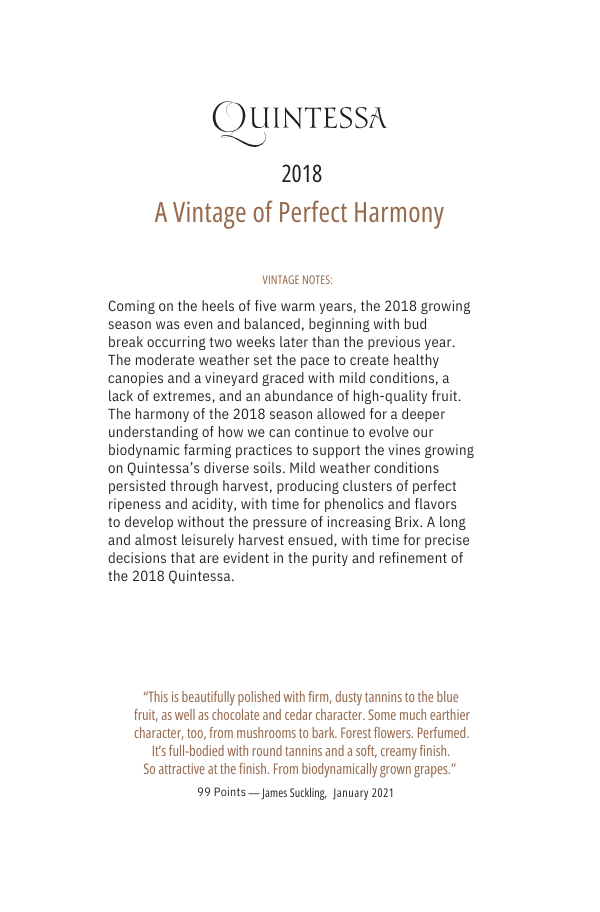 Quintessa 2018 vintage wine description on a white background