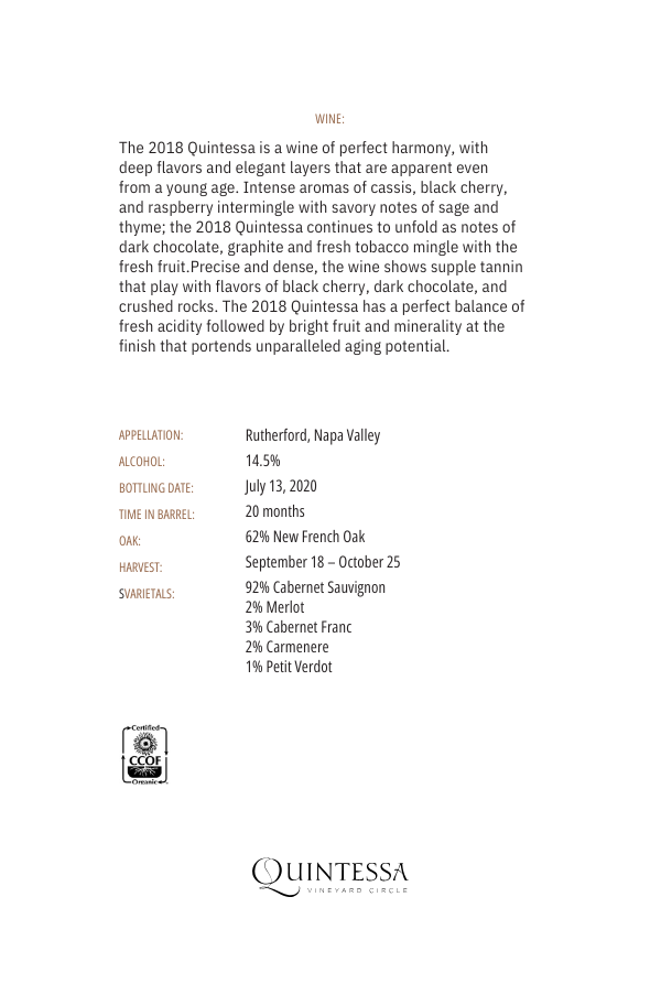 Quintessa wine label with detailed description and specifications on a white background