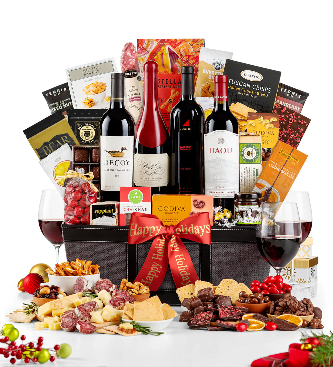 Magnificent Park Avenue Wine Basket, featuring 4 bottles of wine and gourmet indulgences. 