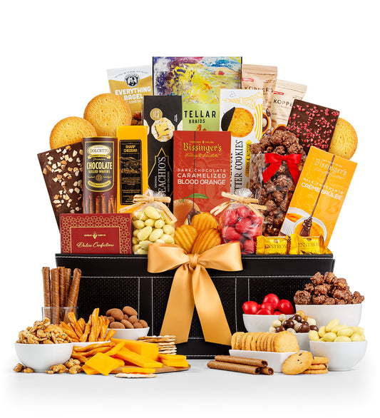 Fit for Royalty Gourmet gift basket with a variety of snacks and treats on a white background