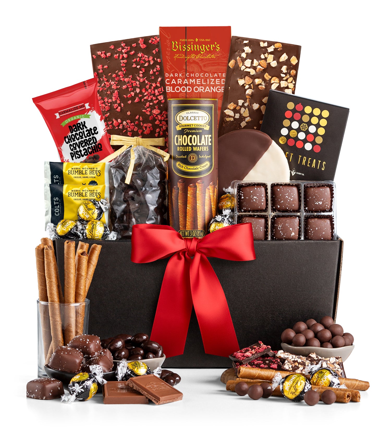 Broadway gourmet chocolate gift basket with a red ribbon on a white background