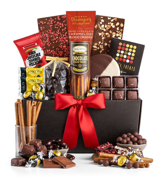 Broadway gourmet chocolate gift basket with a red ribbon on a white background