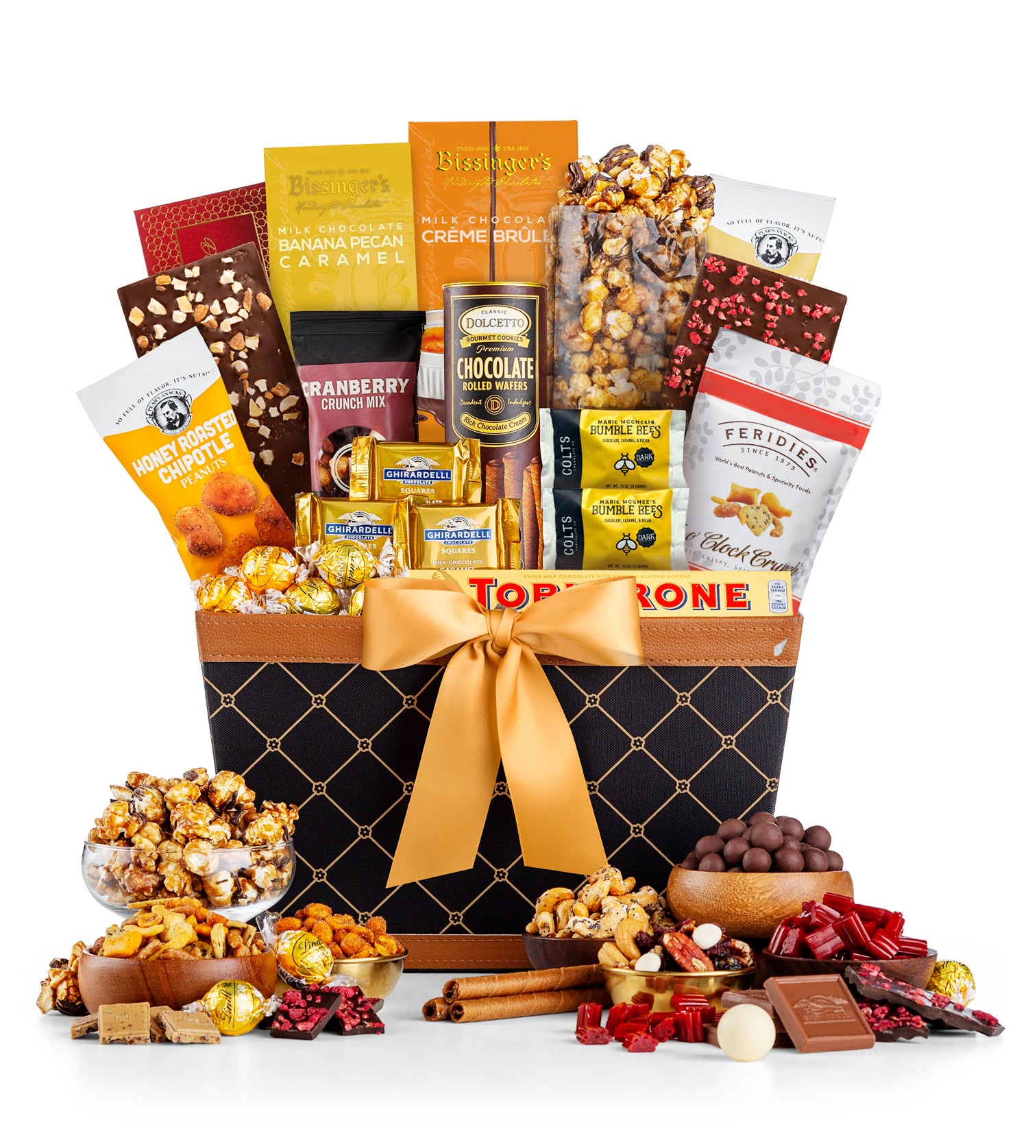 Gourmet gift basket with a variety of snacks and treats on a white background
