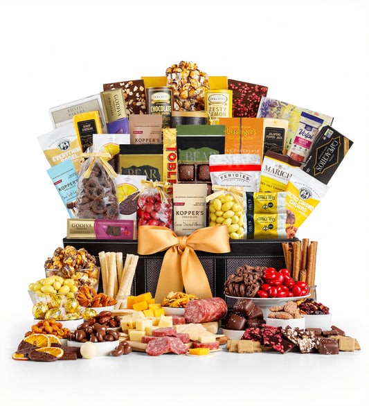 Assorted gourmet food items in this Crowd Pleaser gift basket chocolates, nuts, and fruits displayed on a white background.