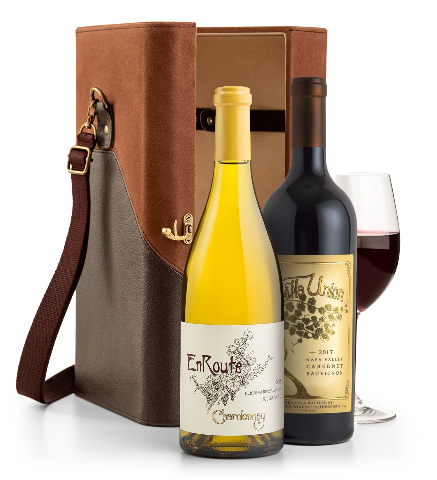 Two wine bottles with a carrying case and a glass of red wine on a white background