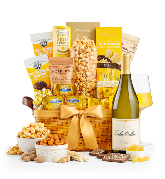 Gourmet gift basket with snacks, a bottle Calen Cellars Chardonnay, on a white background