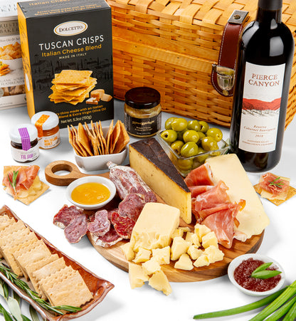 Artisan Cheese & Charcuterie Picnic Menu Gift Basket with Wine