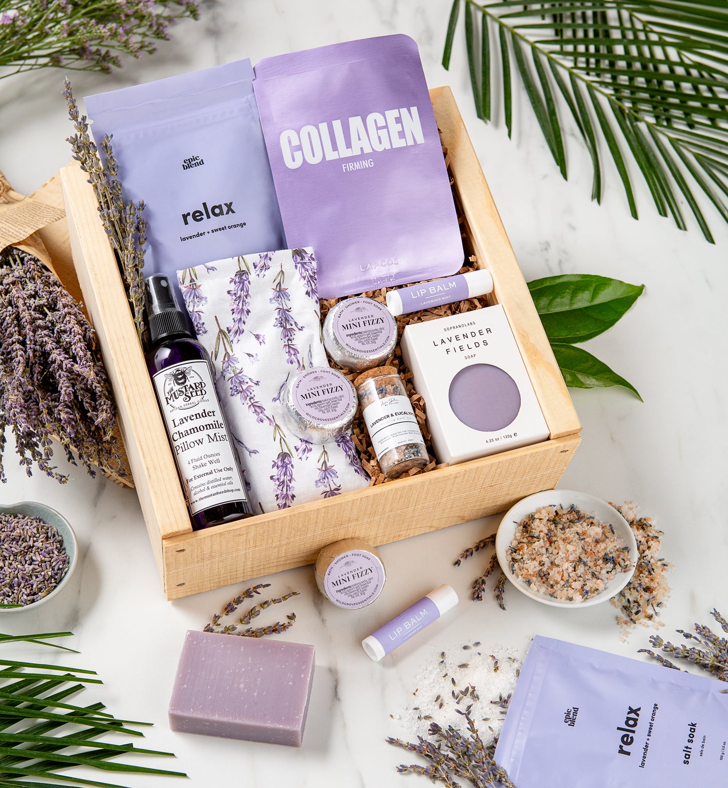 A variety of lavender-scented spa products is packed into a lovely wooden crate.