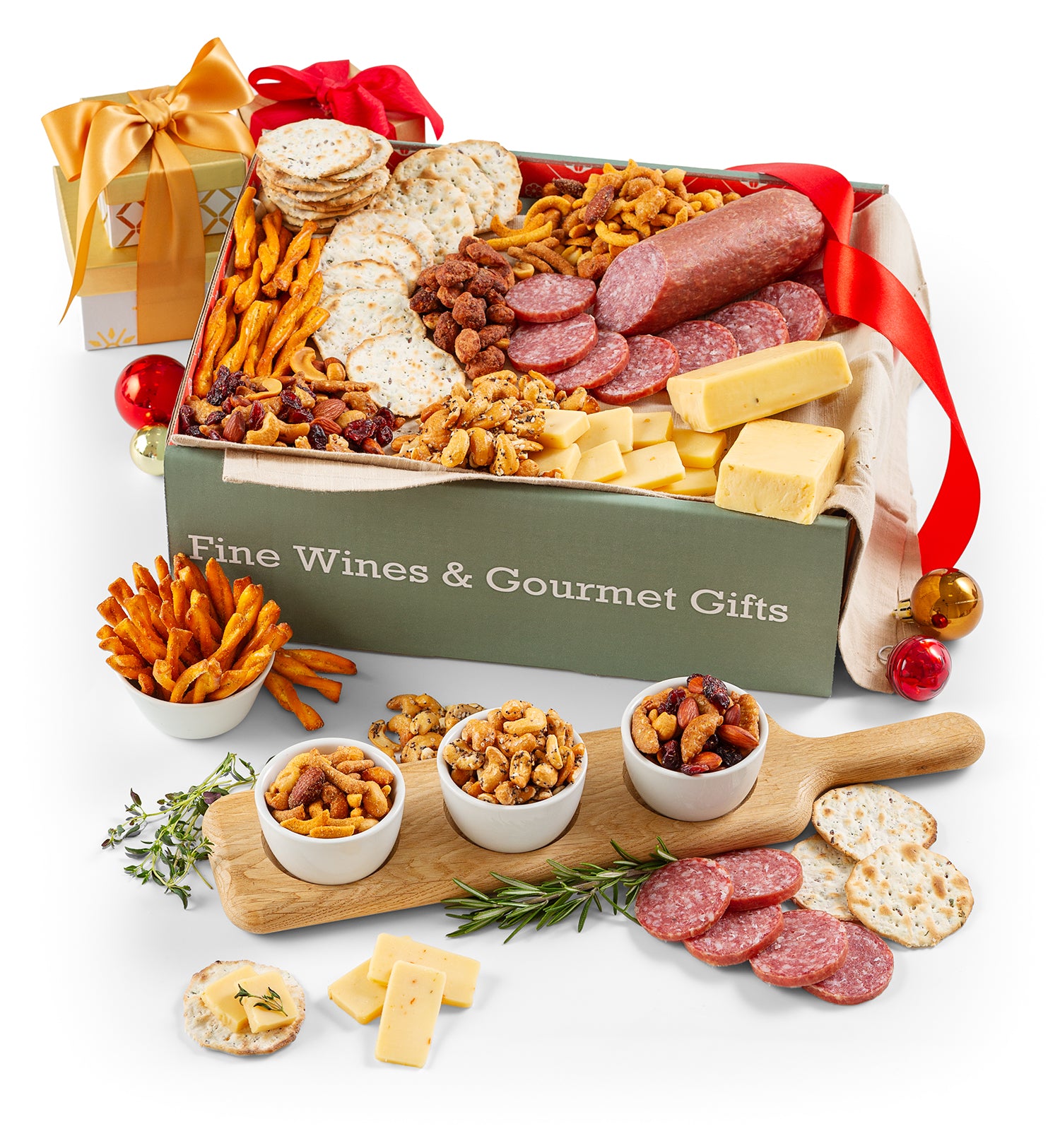 Gourmet gift box with meats, cheeses, and snacks on a white background for holiday.