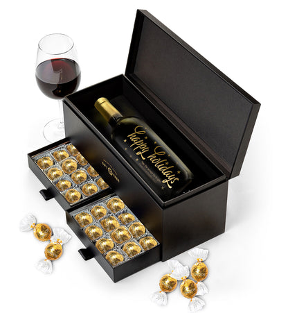 Personalized Happy Holiday Wine and Chocolates Gift Box