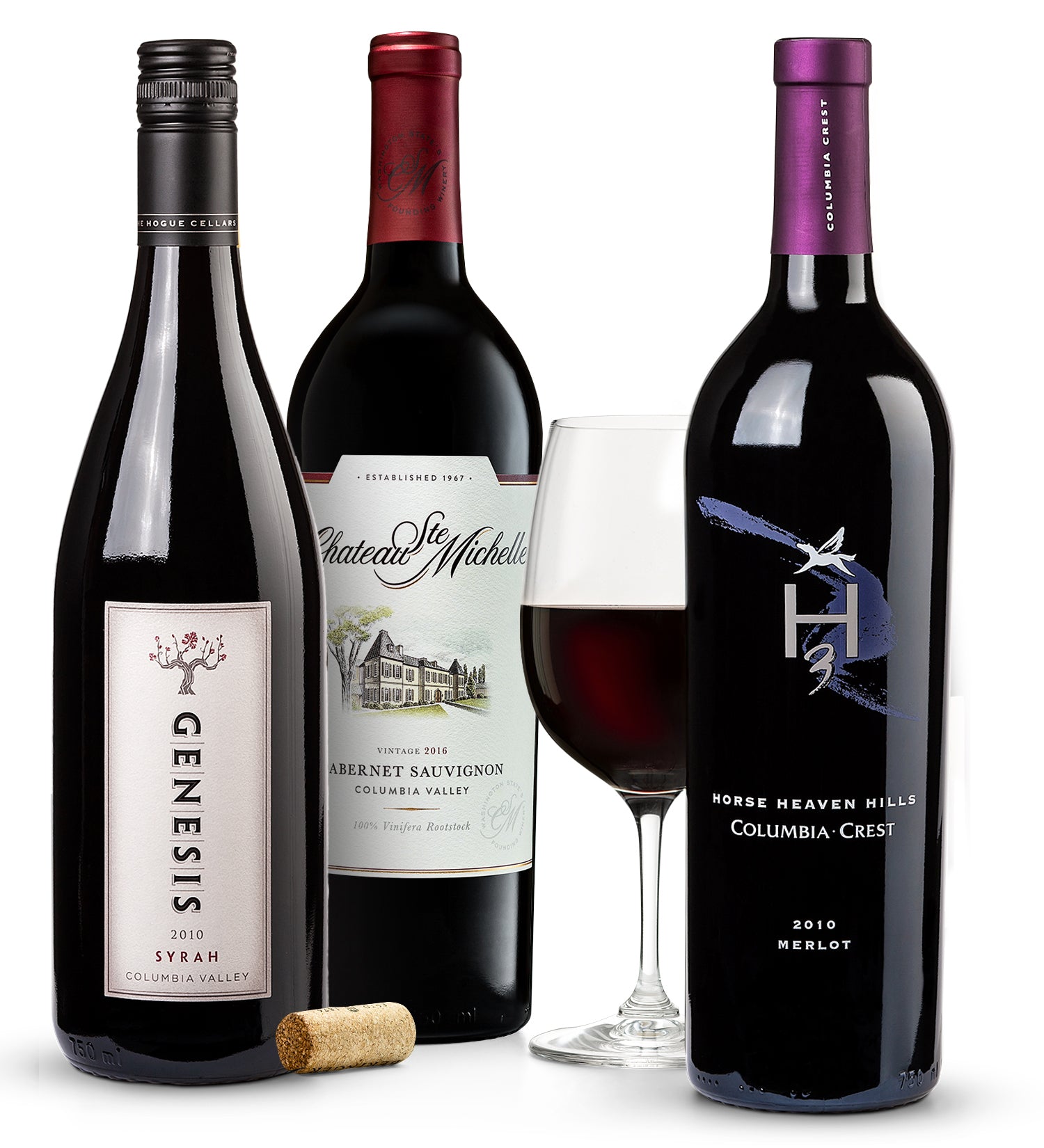 Three wine bottles with labels 'Genesis', 'Chateau Michelie', and 'More Heaven Hills' on a white background.