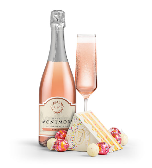 Chateau Montmore Sparkling Rosé with Birthday Cake LINDOR Truffles Cake Box