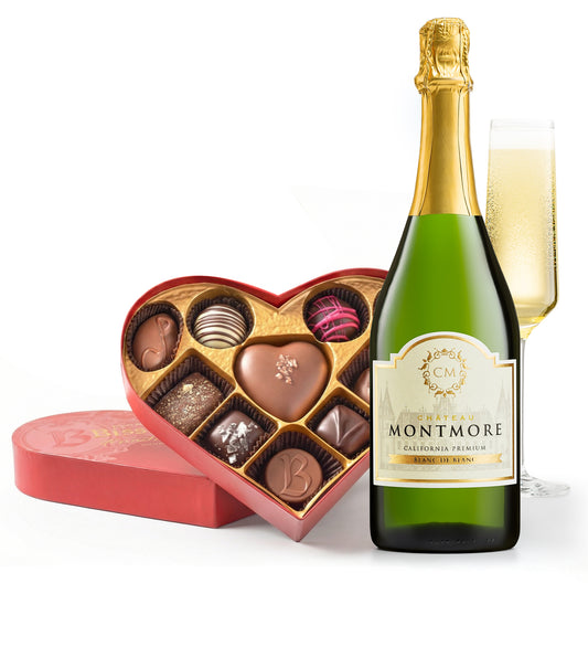 Chateau Montmore Sparkling Blanc De Blanc and Bissinger's Heart Chocolates