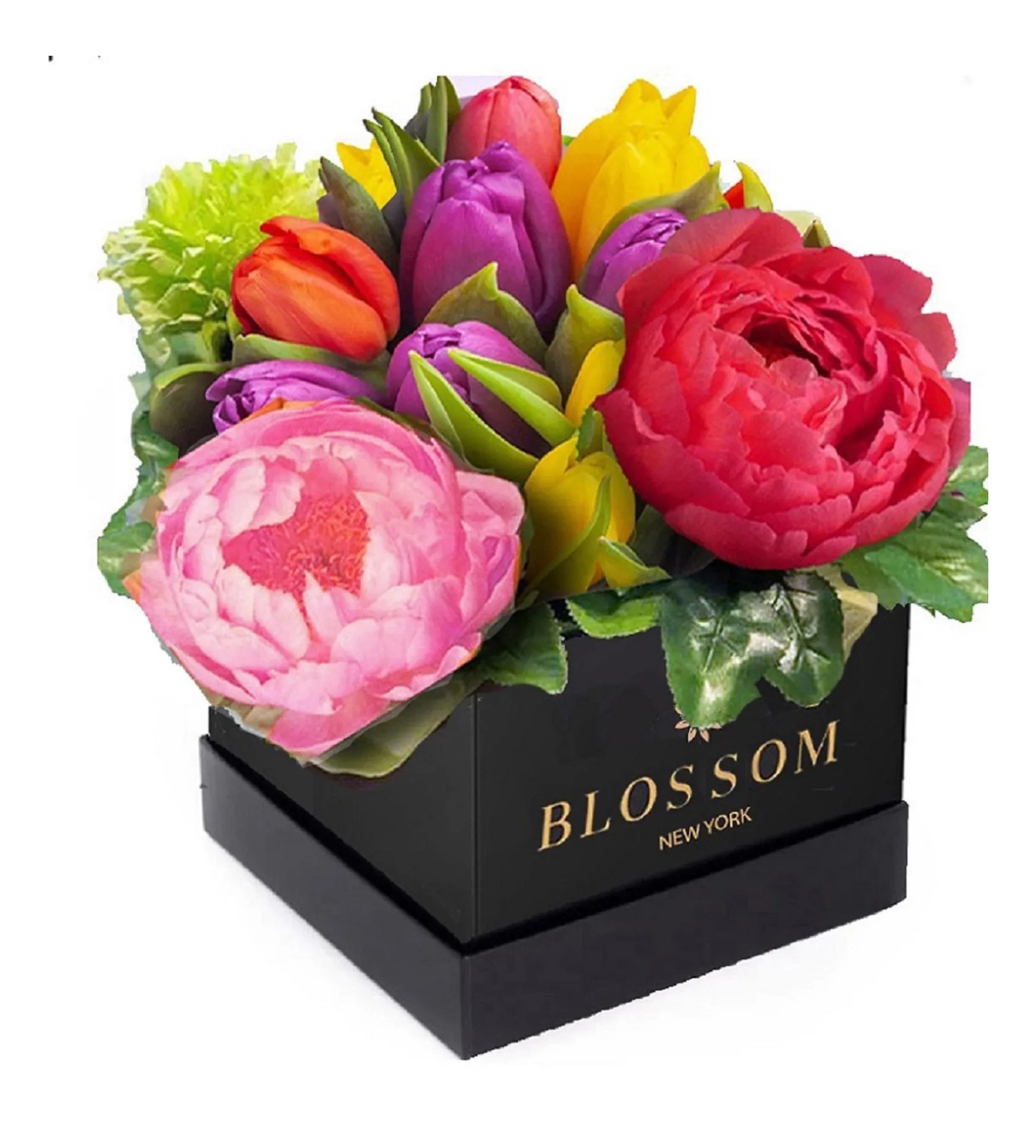 Colorful flower arrangement in a black box with 'Blossom New York' branding on a white background