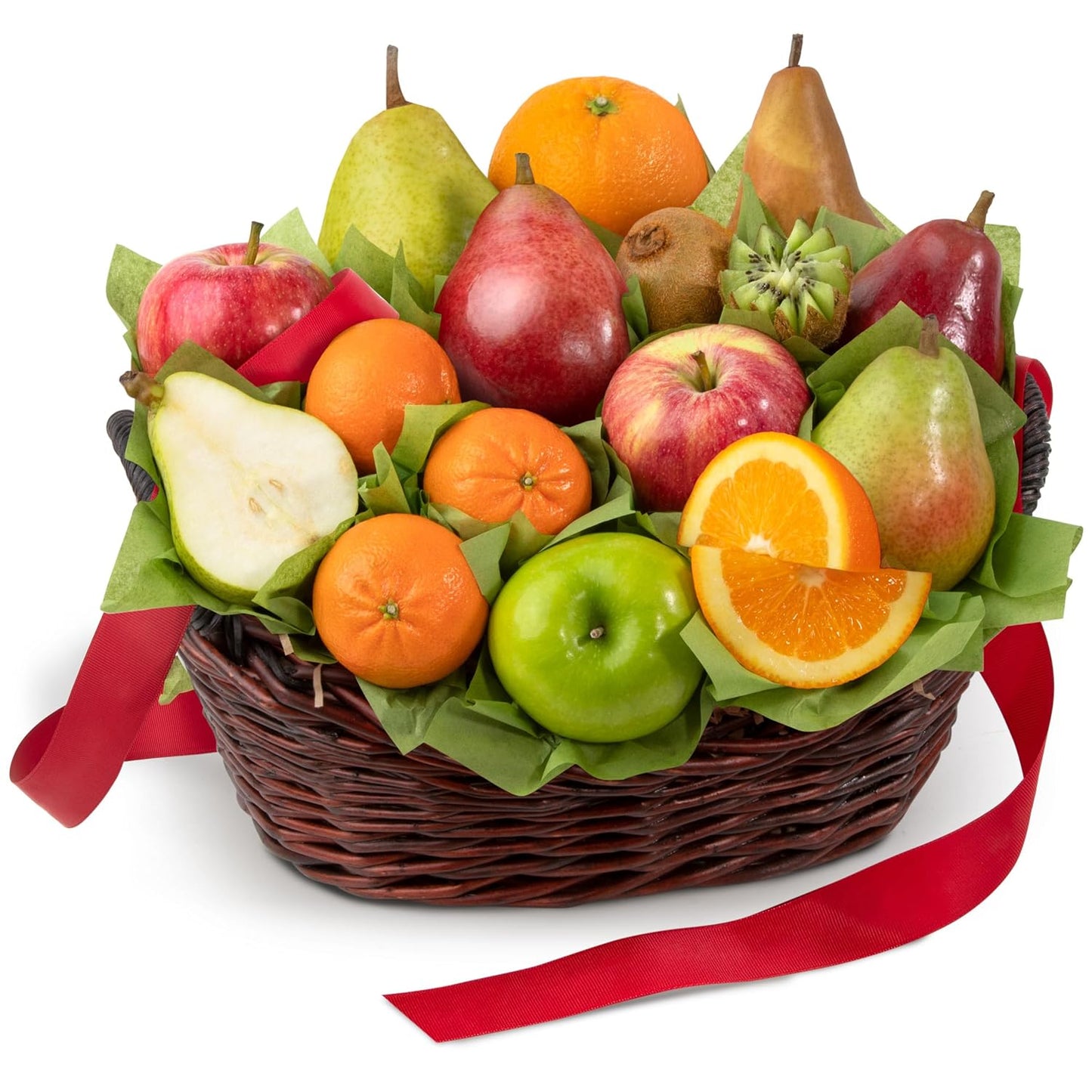 Fruit basket with apples, oranges, pears, and a red ribbon on a white background