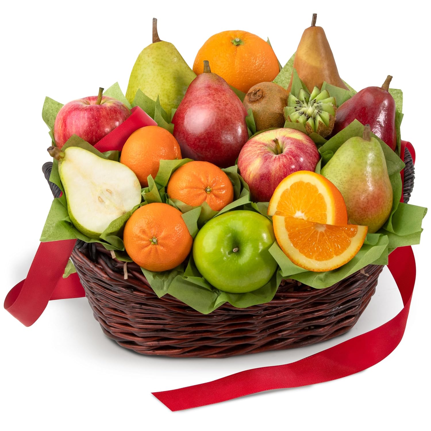 Fruit basket with apples, oranges, pears, and a red ribbon on a white background