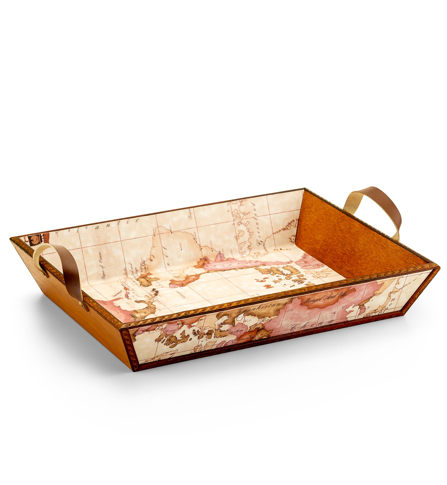 Keepsake tray with vintage map design on a white background