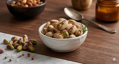 A white ceramic bowl filled with shelled pistachios sits on a wooden table, with a few loose pistachios spilled on a marble surface nearby. An amber spoon, an amber jar, and another bowl of nuts are softly blurred in the background.