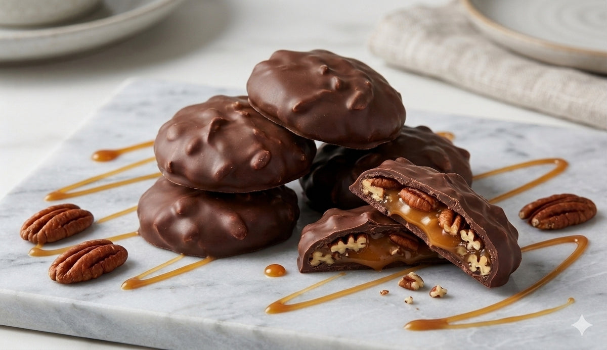 Four chocolate-covered pecan patties on a light marble board, with one broken in half to show a caramel and pecan filling. Pecans and caramel drizzle are scattered around on a white surface with a softly blurred kitchen background.