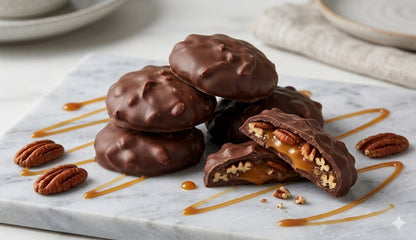 Four chocolate-covered pecan patties on a light marble board, with one broken in half to show a caramel and pecan filling. Pecans and caramel drizzle are scattered around on a white surface with a softly blurred kitchen background.