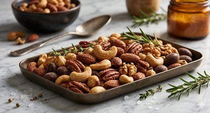 A tray of mixed nuts including cashews, pecans, walnuts, and chocolate chips, garnished with rosemary sprigs, set on a marble surface with a spoon, a bowl, and an amber bottle in the background.