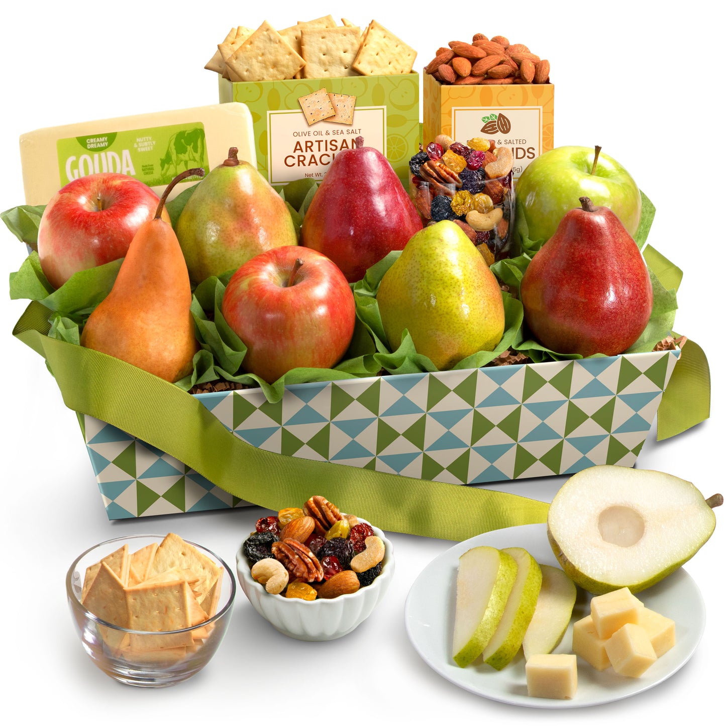 Gift basket with fruits, cheese, and nuts on a white background