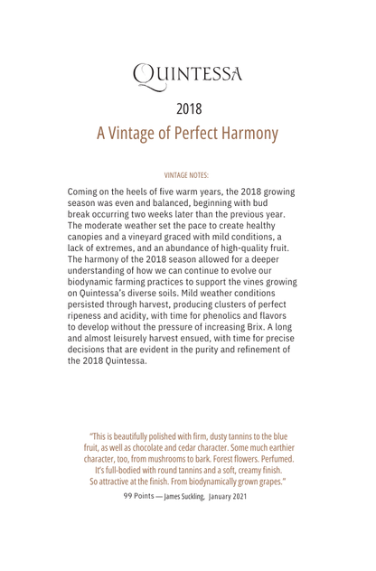 Quintessa 2018 vintage wine description on a white background