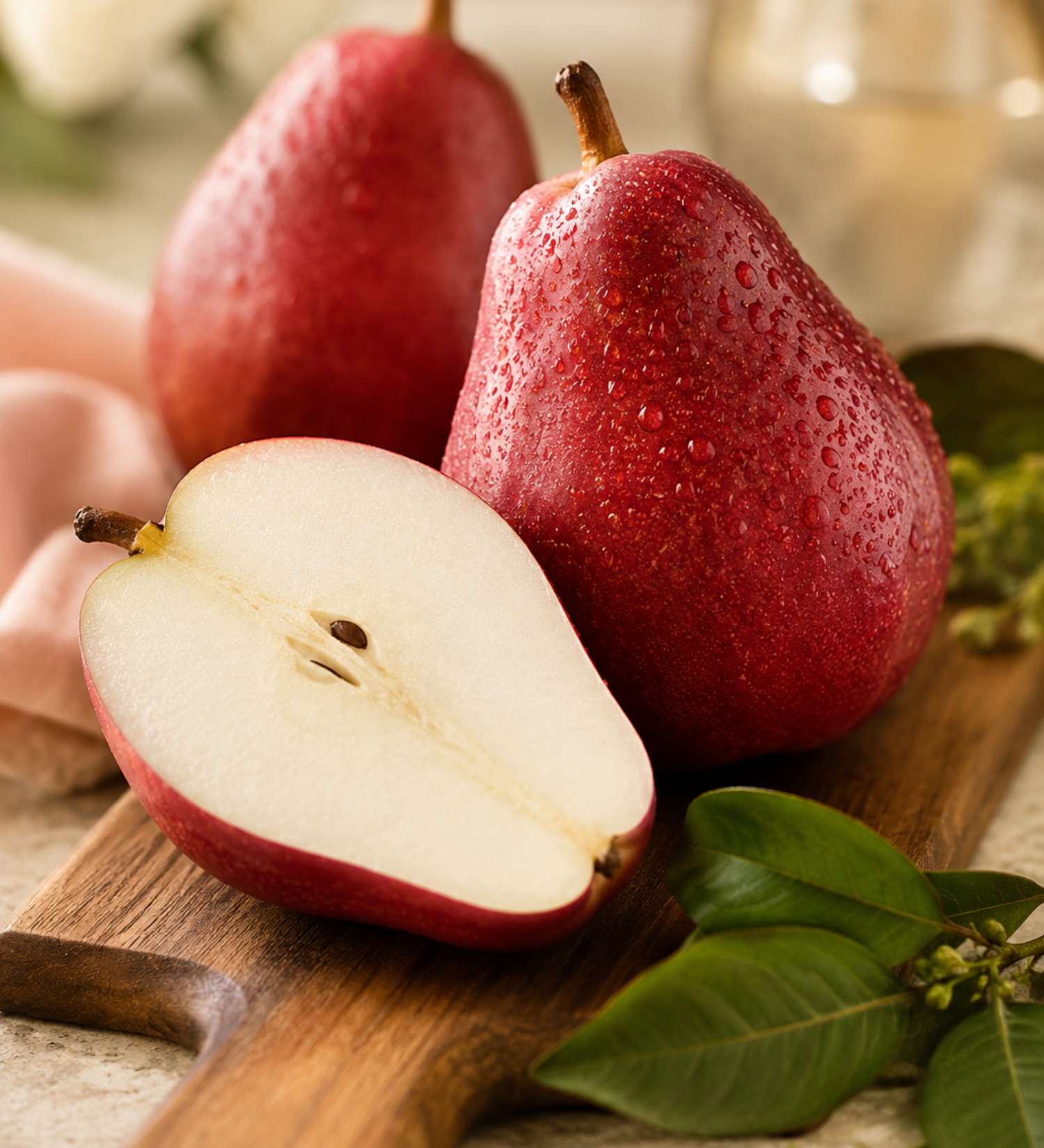 Red pears with one sliced open on a wooden cutting board.