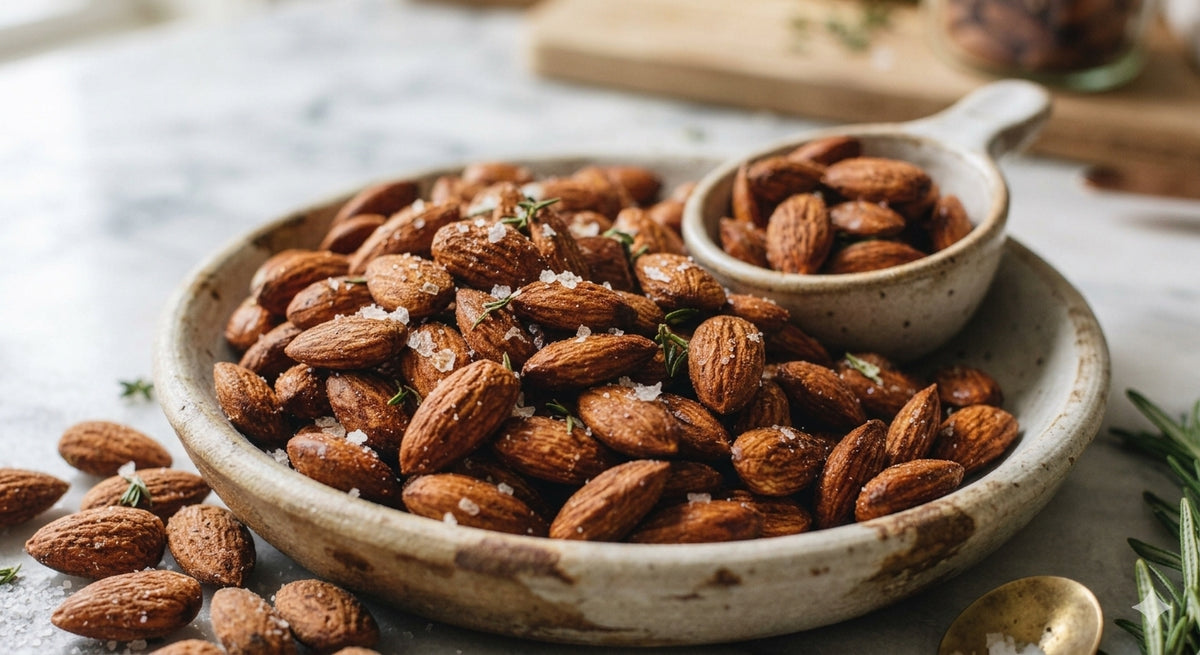 Roasted almonds sprinkled with coarse sea salt and fresh thyme, presented in a rustic ceramic bowl with a smaller matching bowl on a light stone surface.