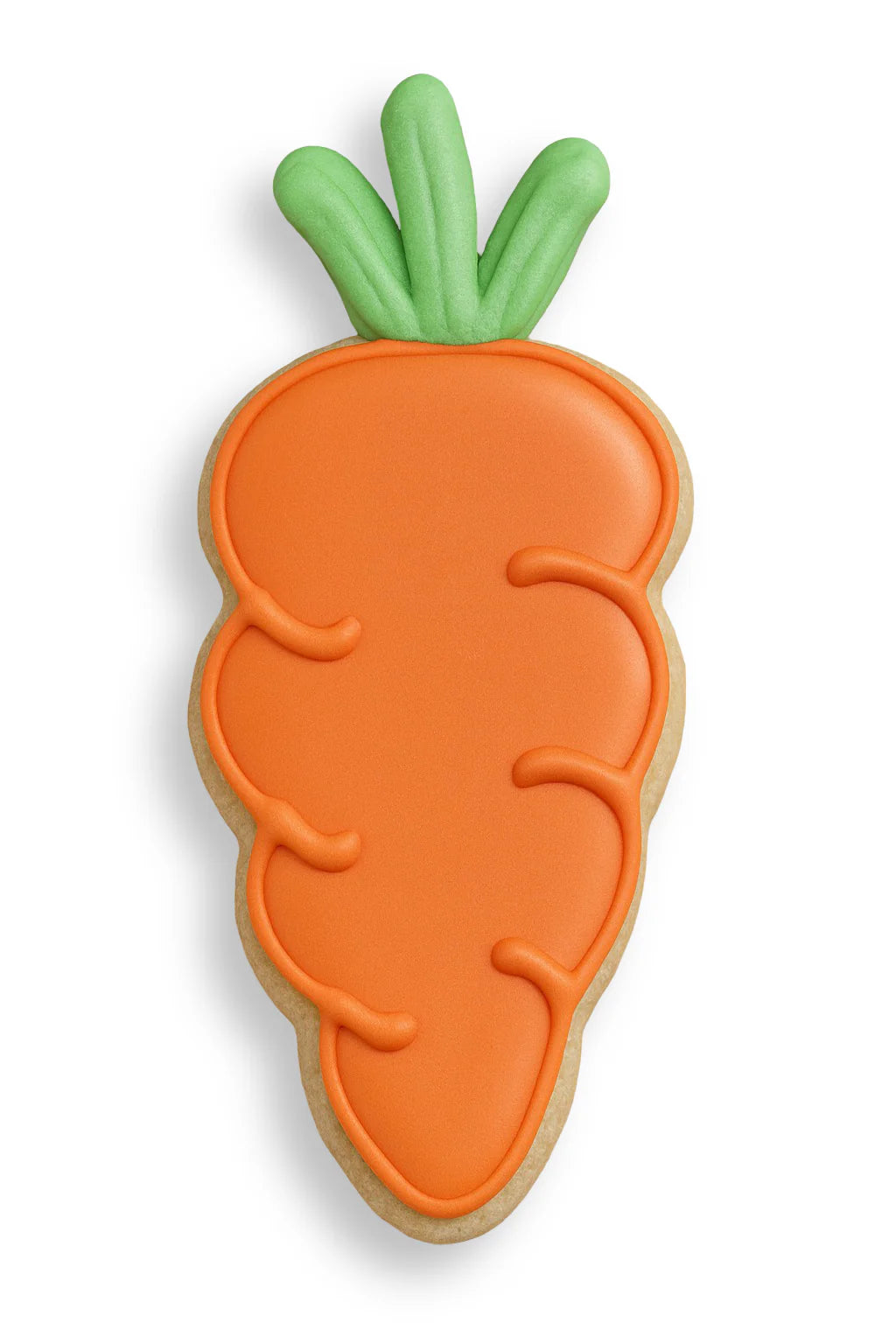 Carrot-shaped cookie with green top on a white background