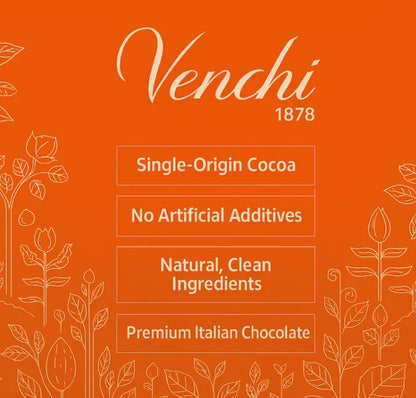 Venchi chocolate brand advertisement with text on an orange background