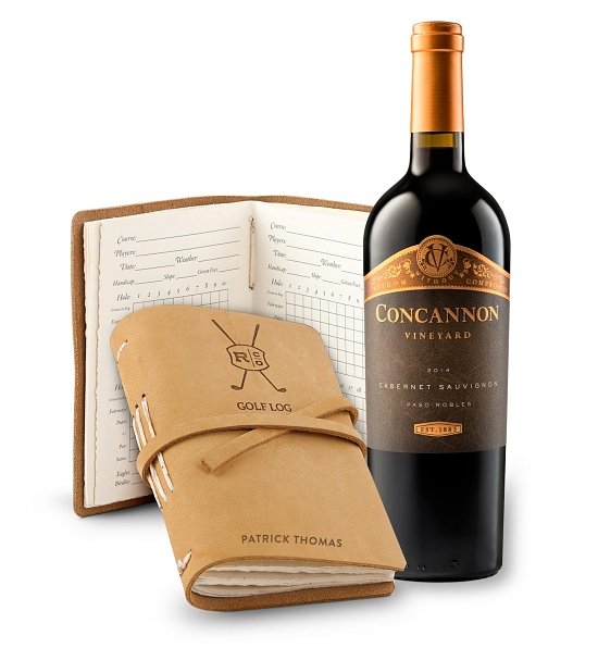 Choice of Wine and Personalized Leather Golf Log Gift Set