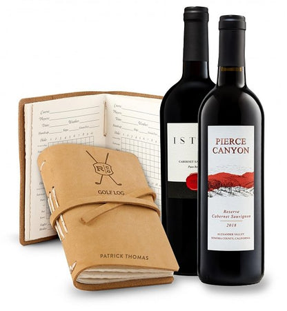 Choice of Wine Duo and Personalized Leather Golf Log Gift Set