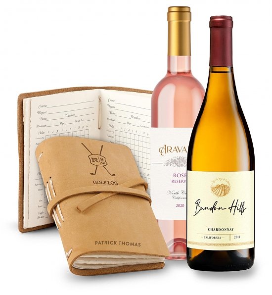 Choice of Wine Duo and Personalized Leather Golf Log Gift Set